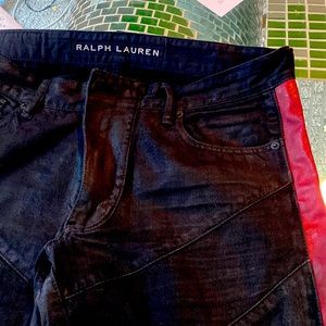 Denim jeans with leather like red stripe